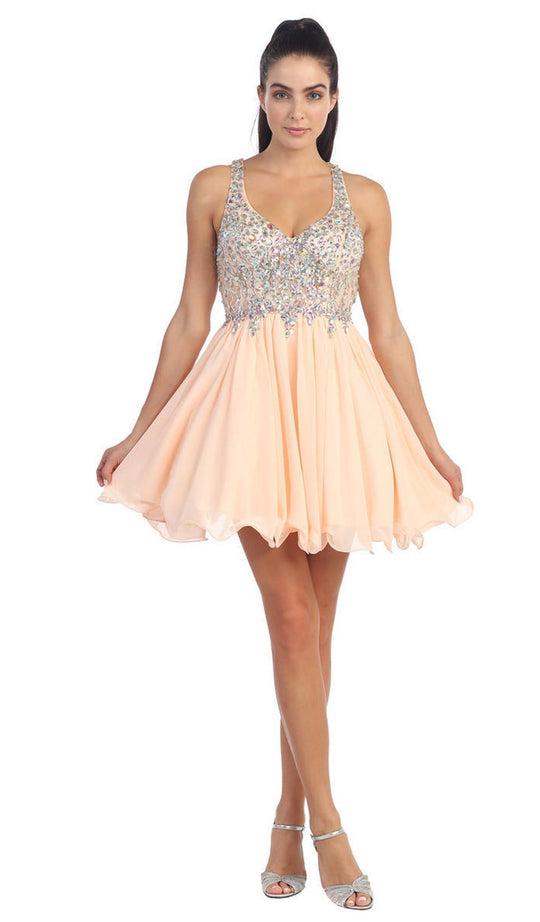 Dancing Queen - 8997 Crystal Beaded V-Neck Chiffon Prom Dress In Orange