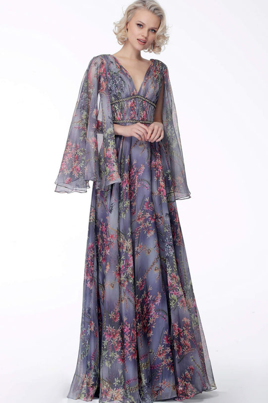 Jovani - 65645 Printed Chiffon A-line Long Dress In Purple and Multi