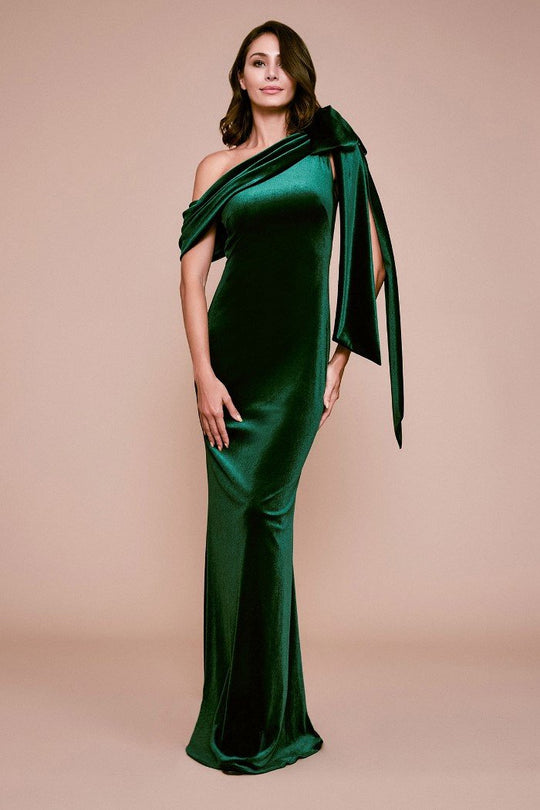 Tadashi Shoji - Asymmetric Drape One Shoulder Velvet Gown In Green