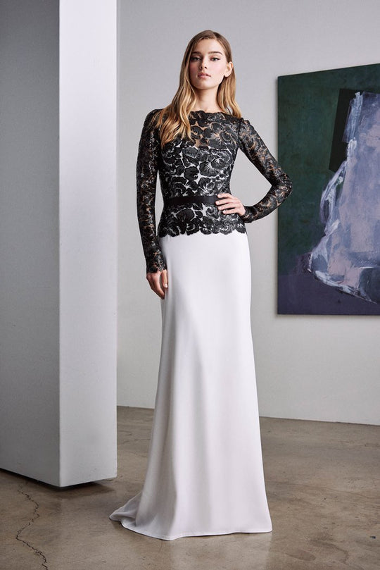 Tadashi Shoji - Illusion Floral Lace Sheath Long Gown In Black and White