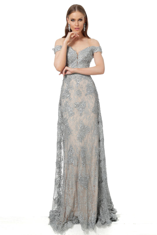 Jovani - 2234 Lace Deep Off-Shoulder Sheath Dress In Gray and Neutral