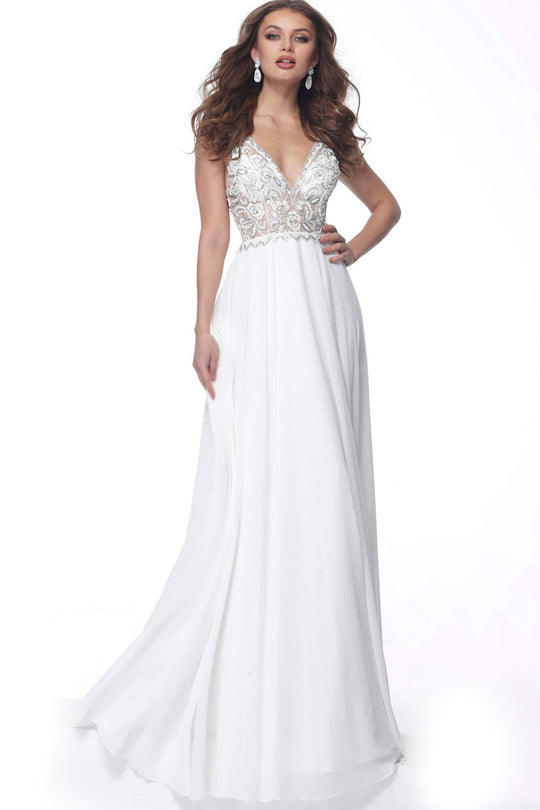 Jovani - 65883 Embellished Bodice A-line Long Dress In White