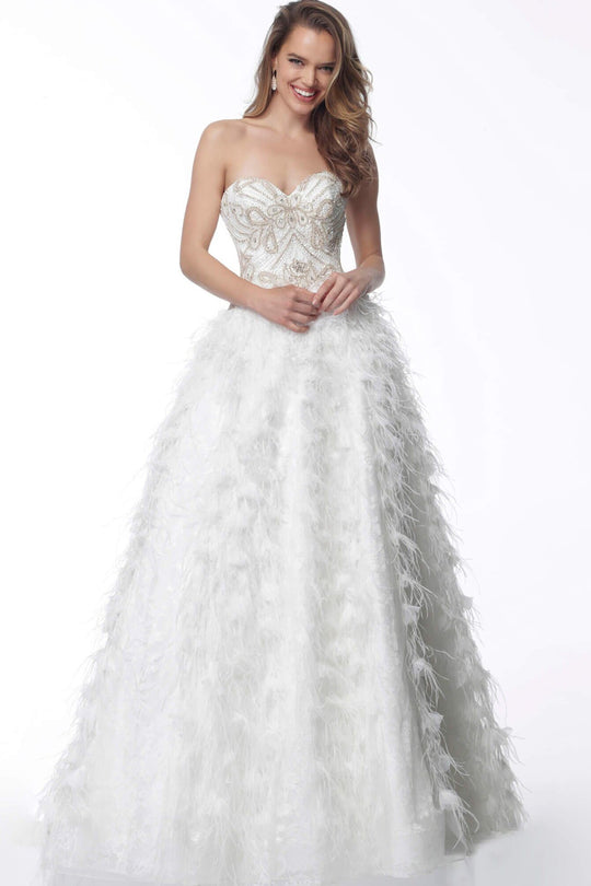 Jovani - 62382 Strapless Feathered Skirt A-line Dress In White