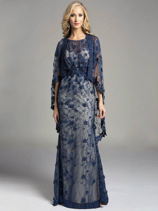 Lara Dresses - Enticing Gown with Lace Overlay and Shawl 33244 , Blue, Neutral