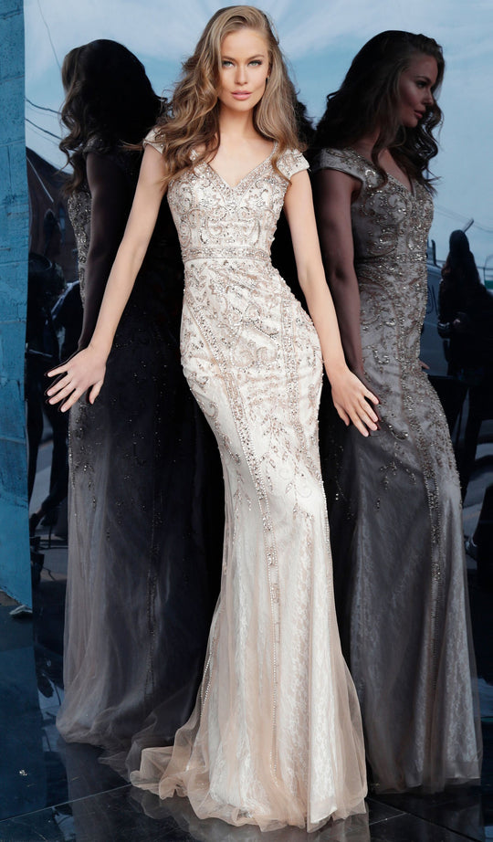 Jovani - 62720 Beaded Cap Sleeve V-neck Trumpet Dress In Neutral