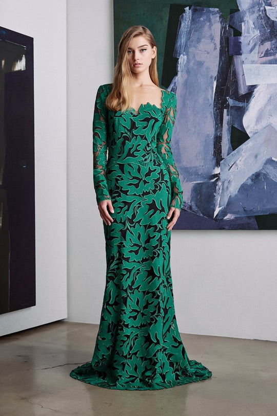 Tadashi Shoji - Long Sleeve Foliage Motif Illusion Gown In Green and Black