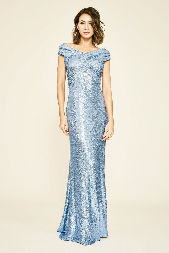 Tadashi Shoji - Sequined Bateau Neckline Column Gown In Blue