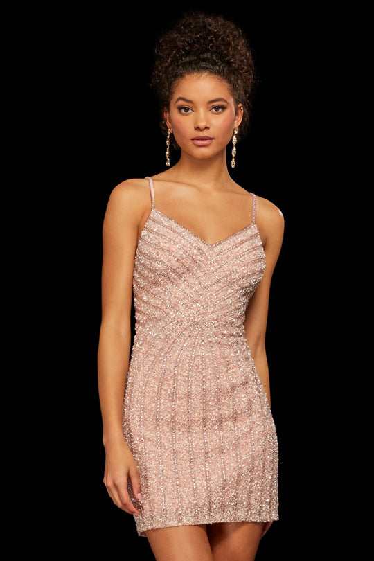 Sherri Hill - 53060 Fully Beaded V-neck Sheath Dress In Pink