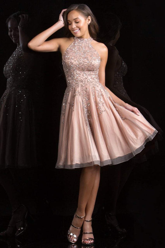 Scala - 48822 High Halter Neck Embellished Cocktail Dress In Brown