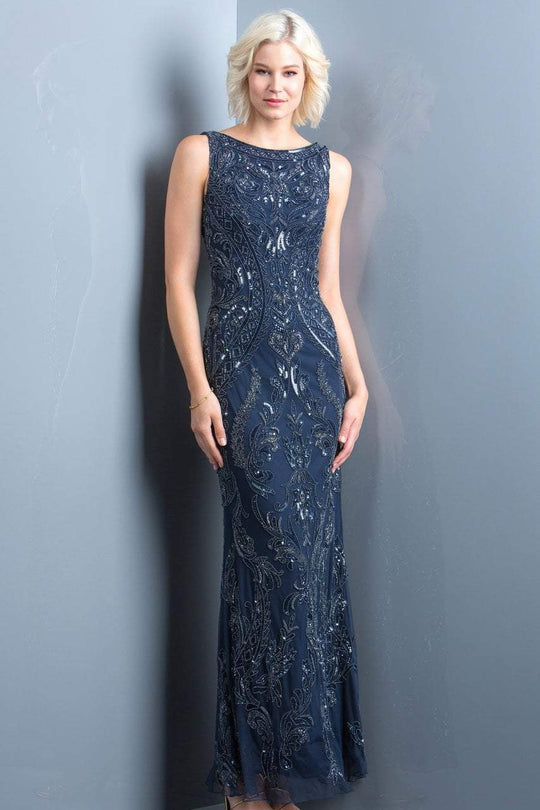 Scala - 48784 Sequin Bateau Sheath Dress in Blue