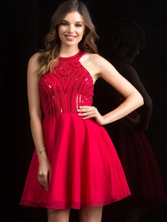 Scala - 48813 Sequined Halter Chiffon A-line Dress in Red