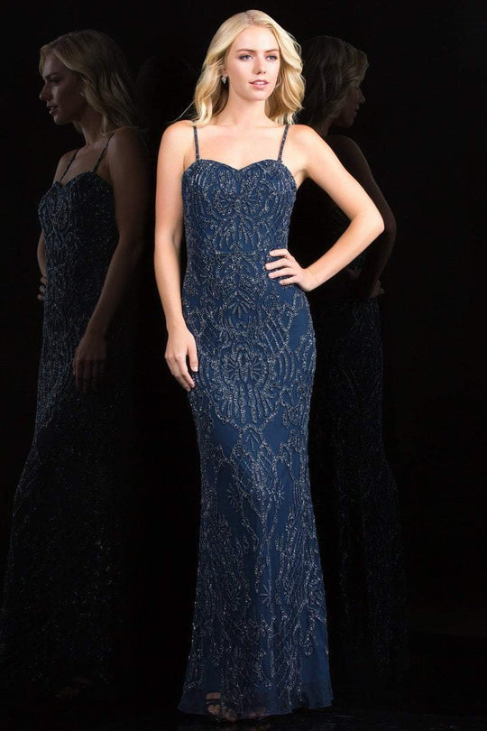 Scala - 48797 Embellished Strapless Sheath Gown In Blue