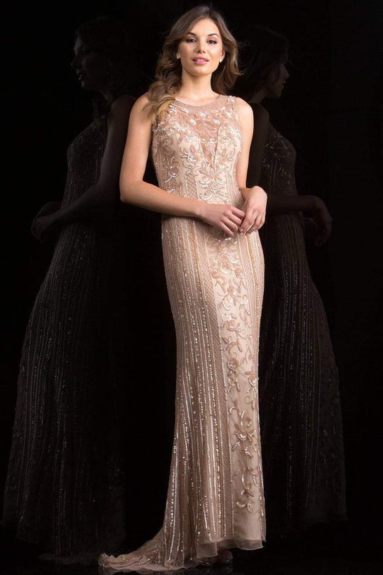 Scala - 48788 Illusion Scoop Neck Sequined Sheath Gown In Brown