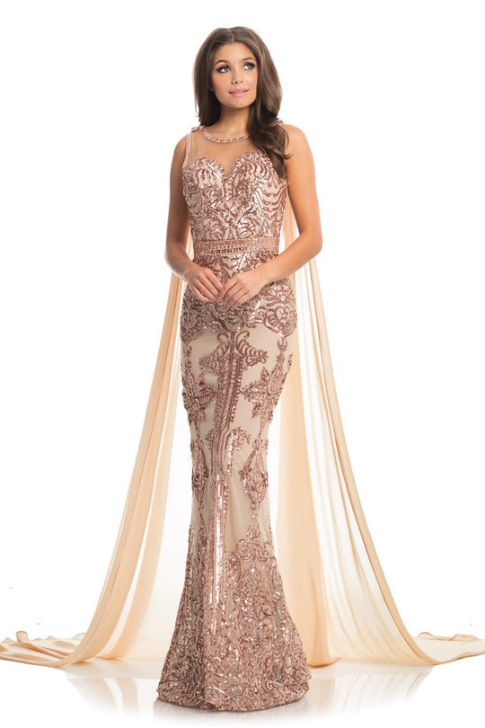 Johnathan Kayne - 9002 Sequined Jewel Neck Trumpet Dress With Cape In Pink