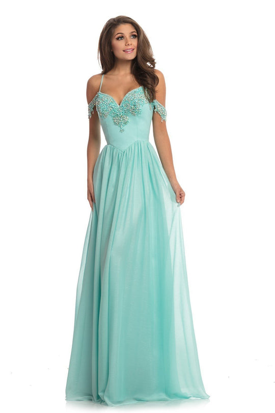 Johnathan Kayne - 9005 Bejeweled Off Shoulder Chiffon A-Line Gown In Blue