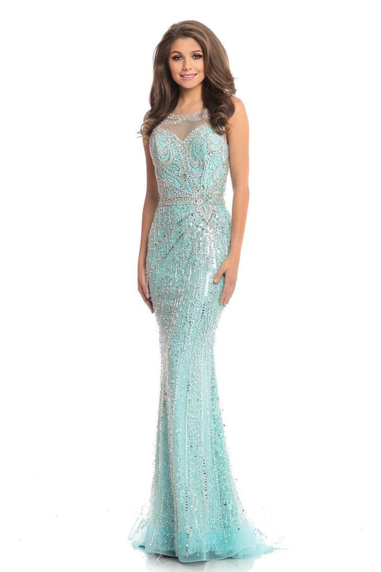Johnathan Kayne - 9006 Illusion Jewel Bead-Fringed Mermaid Gown In Blue