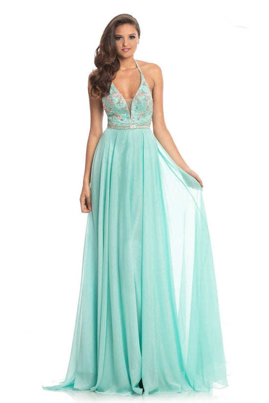 Johnathan Kayne - 9007 Plunging Halter Crystalline A-Line Gown In Blue