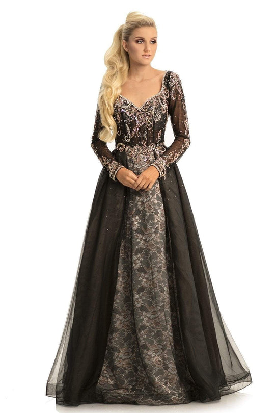Johnathan Kayne - 9009 Long Sleeve Jeweled Queen Anne Gown In Black