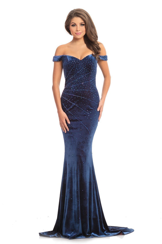 Johnathan Kayne - 9011 Radiantly Beaded Off Shoulder Velvet Gown In Blue