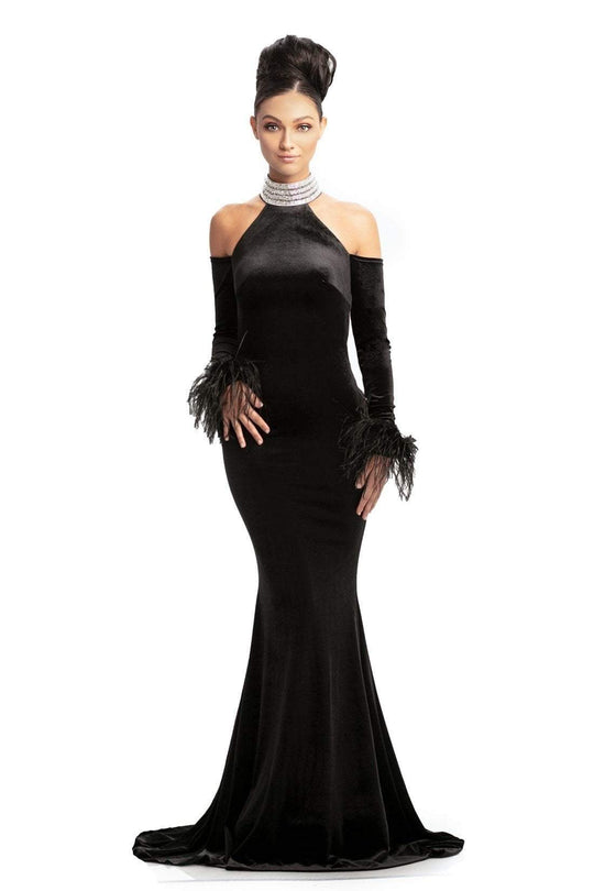 Johnathan Kayne - 9015 Crystal Embellished High Velvet Mermaid Gown In Black 