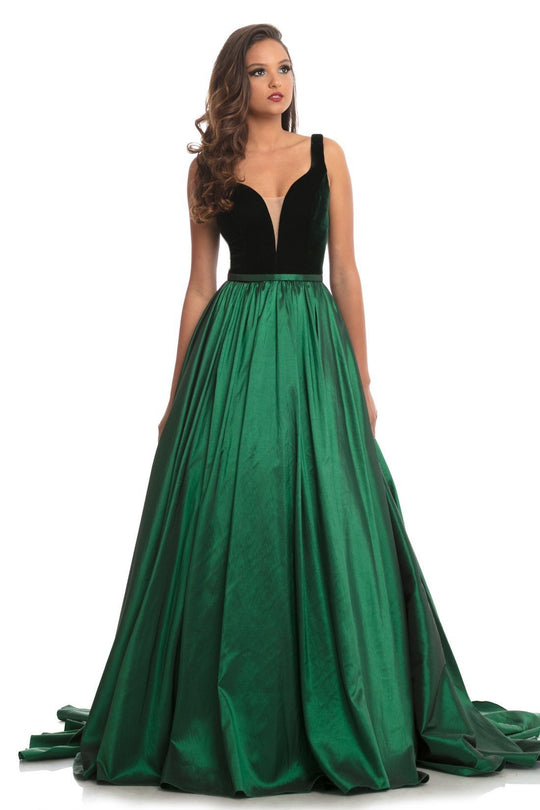 Johnathan Kayne - 9016 Plunging Illusion Sweetheart Velvet Gown