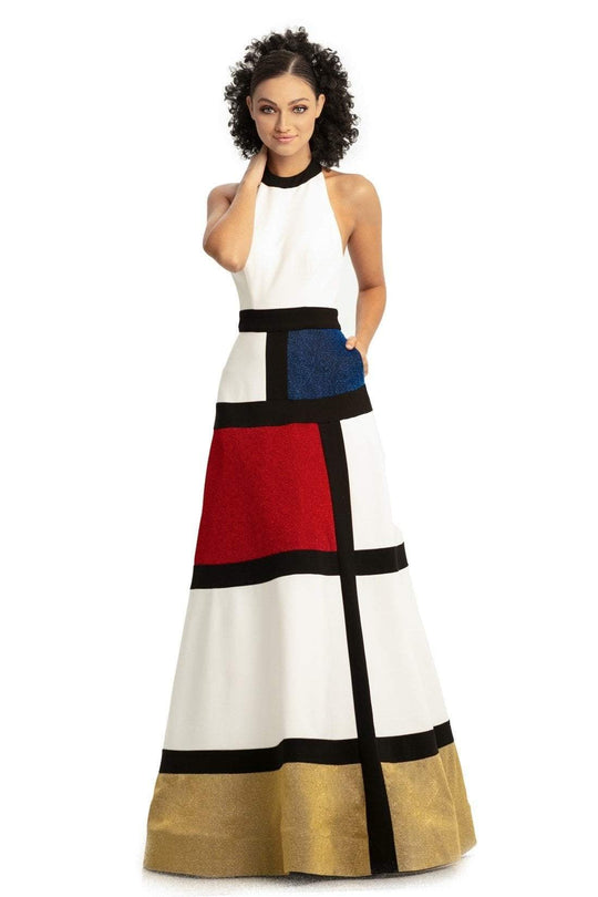 Johnathan Kayne - 9017 Color Block Halter A-line Dress In Multi-Color