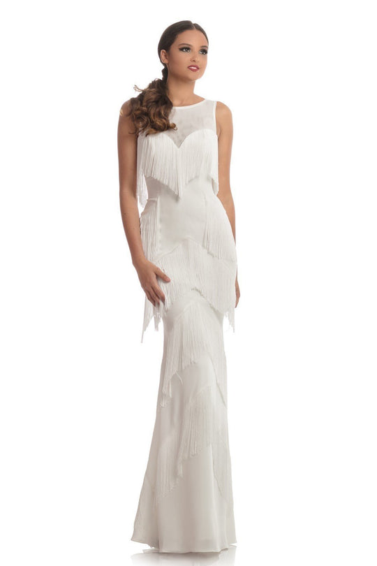 Johnathan Kayne - Chevron Fringe-Detailed Sheath Gown 9020  In White