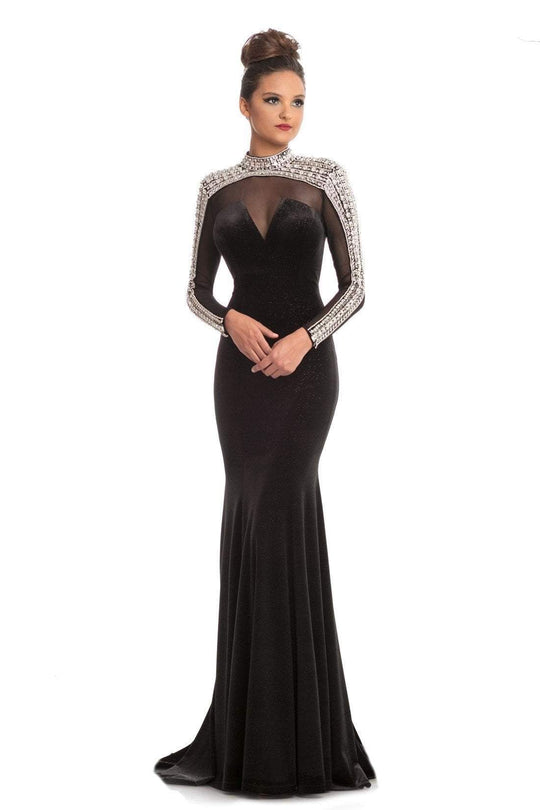 Johnathan Kayne - 9026 Bejeweled High Neck Trumpet Dress In Black