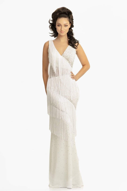 Johnathan Kayne - 9027 Jewel Studded Cascading Fringed Gown In White