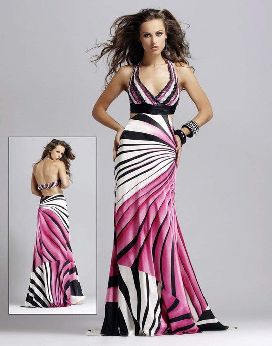 Blush - 9030 Stripe Halter Sheath Dress  In Pink and Multi-Color