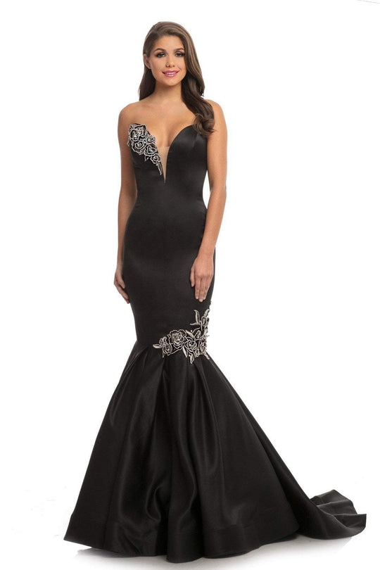 Johnathan Kayne - 9030 Plunging Sweetheart Rose Appliqued Gown In Black