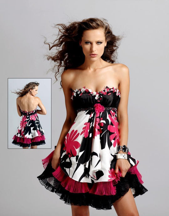 Blush - Strapless Floral Cocktail Dress 9033 in Black and Pink