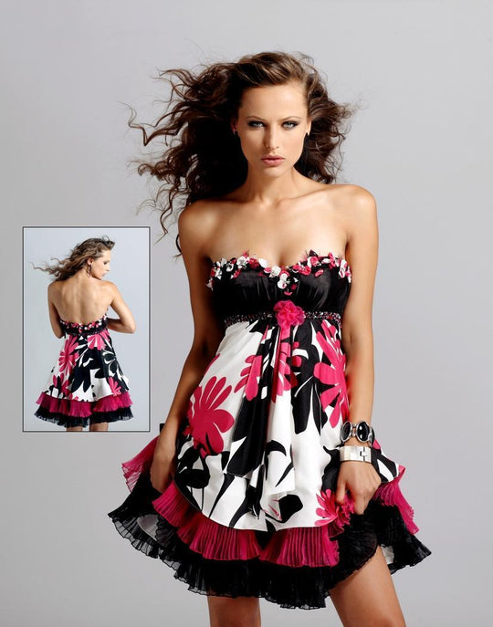 Blush - Strapless Floral Cocktail Dress 9033 in Black and Pink