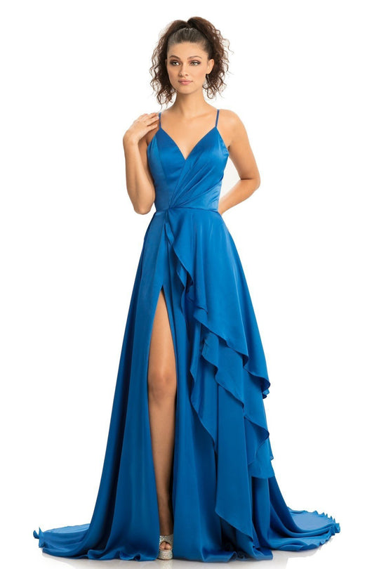 Johnathan Kayne - 9033 Sleeveless Drape Skirt Charmeuse Evening Gown In Blue