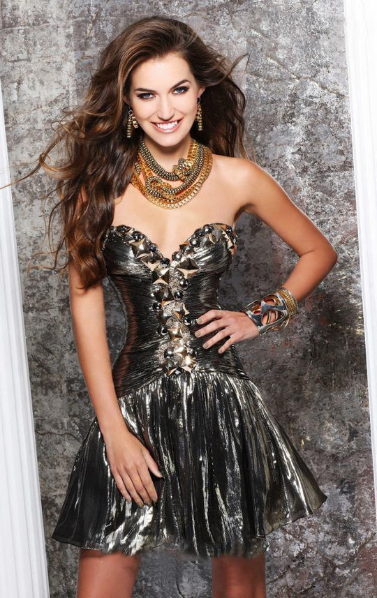 Tarik Ediz - Sweetheart Neck A-Line Short Dress 90342 in Green and Gold