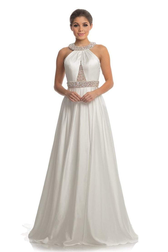 Johnathan Kayne - 9034 Embellished Halter A-line Dress With Train In White