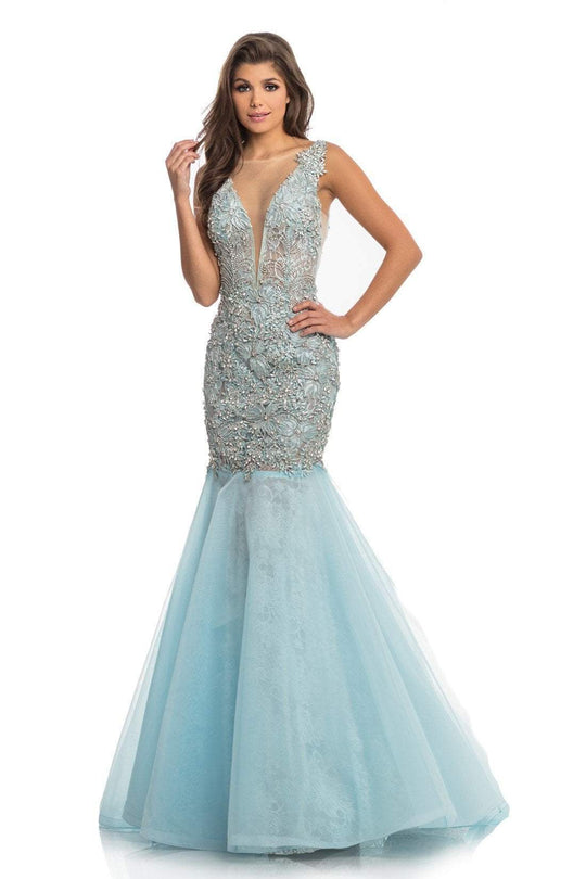 Johnathan Kayne - 9035 Illusion Plunge Jeweled Mermaid Gown In Blue