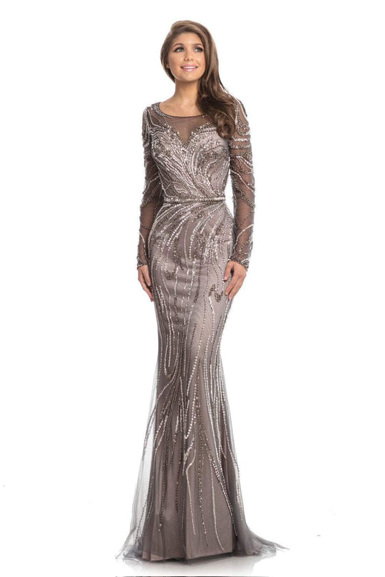 Johnathan Kayne - 9037 Embellished Long Sleeve Bateau Trumpet Dress In Gray and Pink