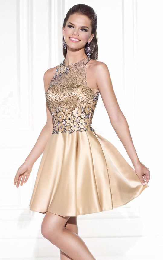 Tarik Ediz - Metallic Cocktail Dress with Overlay 90420 in Gold