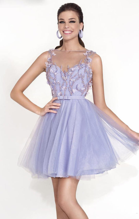 Tarik Ediz - Illusion Bateau A-Line Dress 90427 in Purple