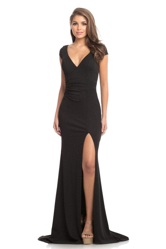 Johnathan Kayne - 9043 Plunging V-neck Glitter Knit Trumpet Dress In Black