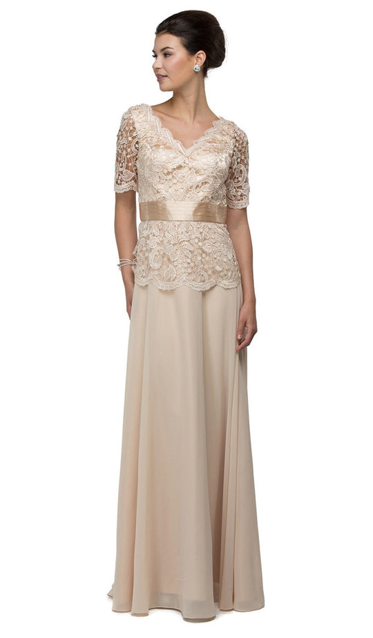 Dancing Queen - 9044 Short Sleeve Scalloped Peplum Lace Evening Dress