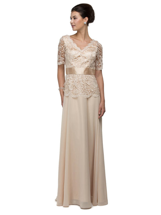 Dancing Queen - 9044 Floral Lace V-Neck A Line Dress in Gold
