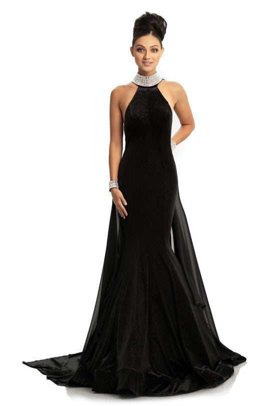 Johnathan Kayne - 9046 Jeweled High Halter Mermaid Gown With Cape In Black