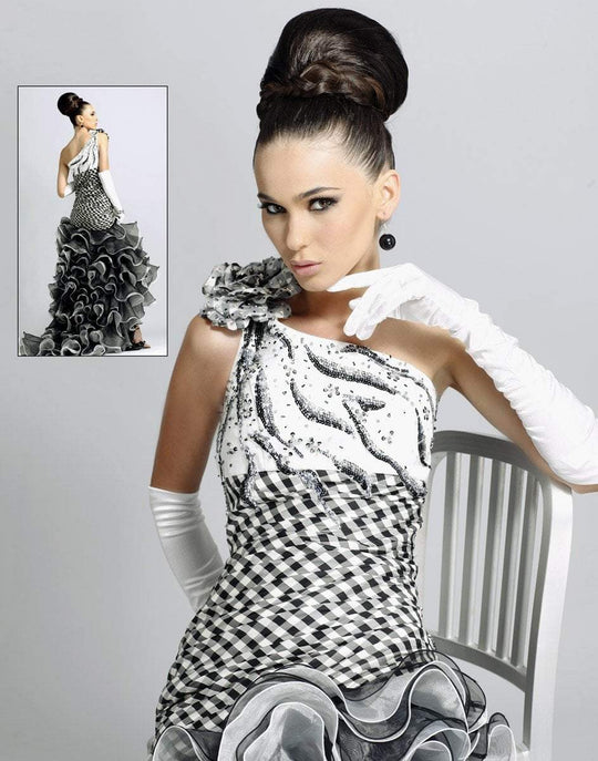 Blush - One Shoulder Ruffled Long Dress 9047 in Black and White