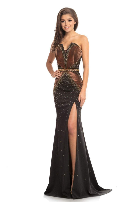 Johnathan Kayne - 9055 Embellished V-neck Trumpet Dress With Slit In Black and Gold