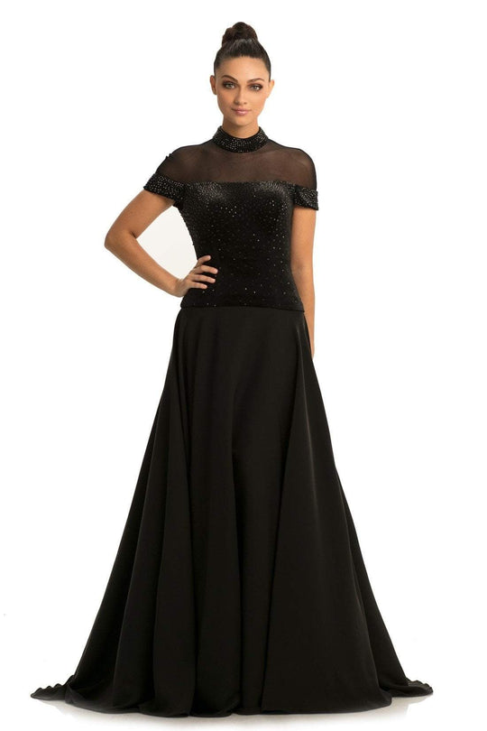 Johnathan Kayne - 9057 Embellished Velvet High Neck A-line Dress In Black