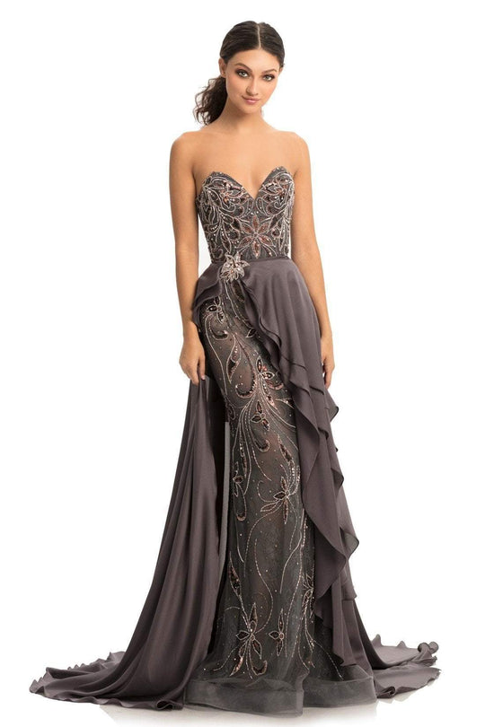 Johnathan Kayne - 9058 Sequin Embellished Gown with Overskirt In Gray