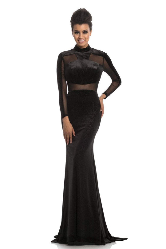Johnathan Kayne - 9059 High Neck Long Sleeves Mermaid Gown In Black