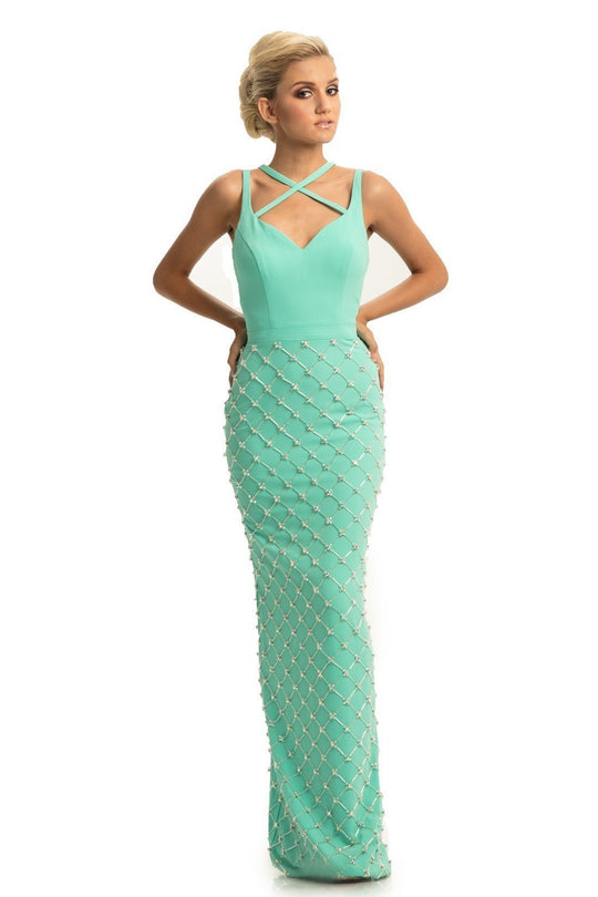 Johnathan Kayne - 9064 Beaded Sheath Dress With Back Slit In Green